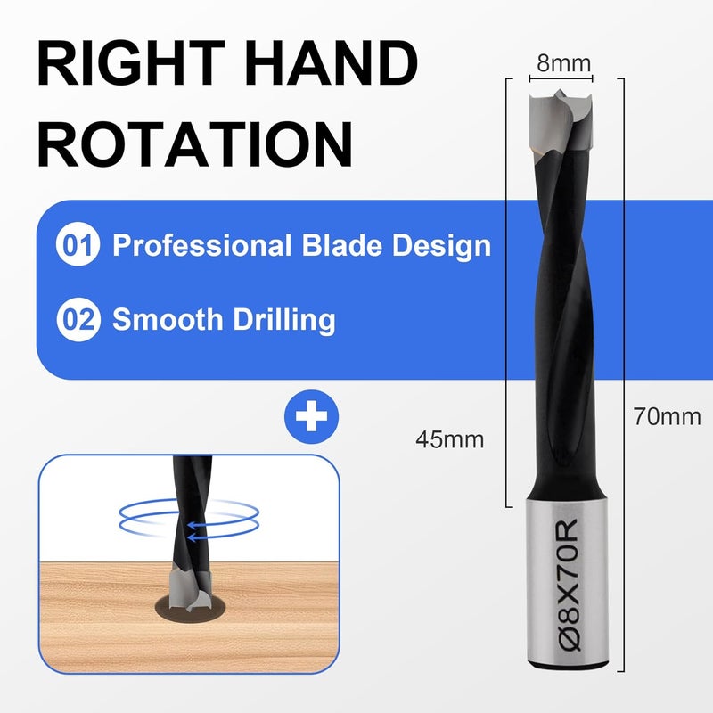 CDBP 8mm Diameter Carbide Tipped Brad Point Boring Bit Dowel Drill Bits 8mm Dia x 70mm Long x 10mm Shank, Right Hand Rotation - Image 2